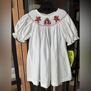 New Christmas Gingerbread house man smocked dress top bishop toddler bows girls